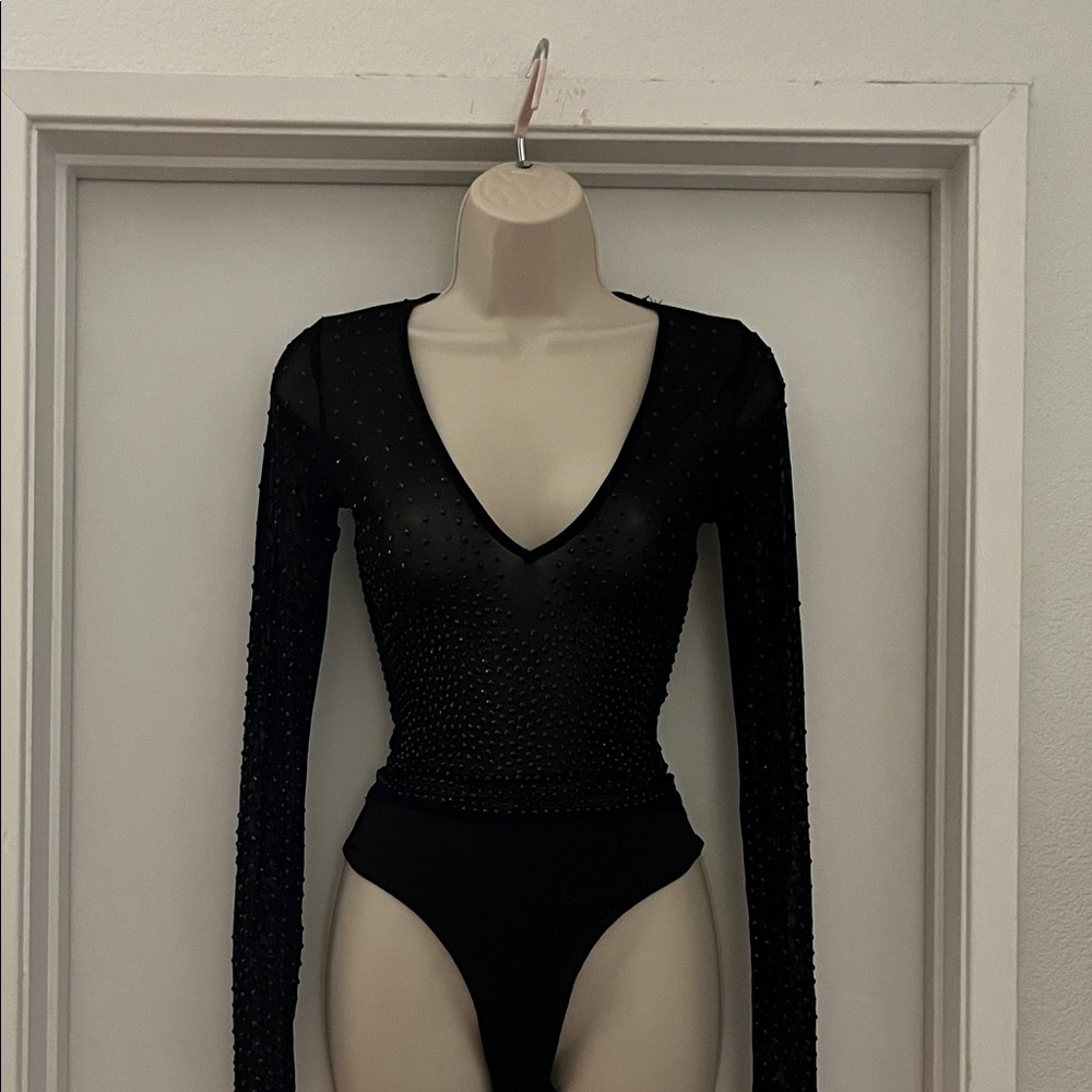 Windsor Black V-Neck Long-Sleeve Embellished Bodysuit